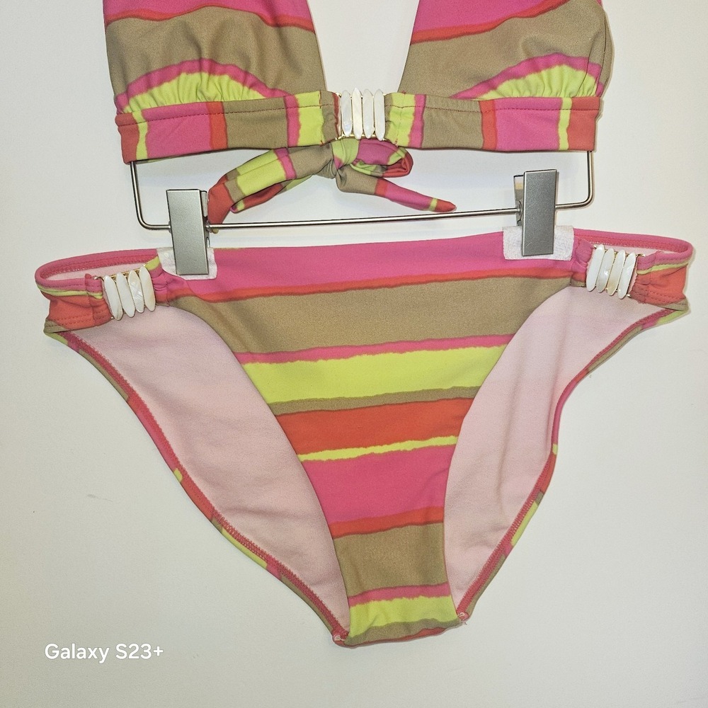 Gossip Collection 2010 Bikini Womens Sz L Neon Stripe Shell Hardware Resort Swim - Picture 5 of 16